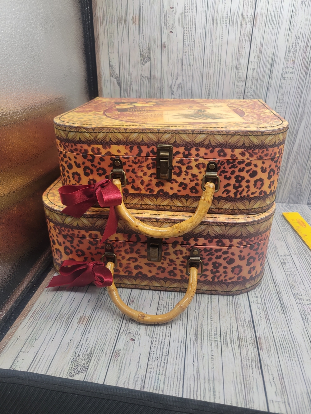 Pamela Gladding - Set Of 2 Leopard / Palm Tropical Trunk Storage Set